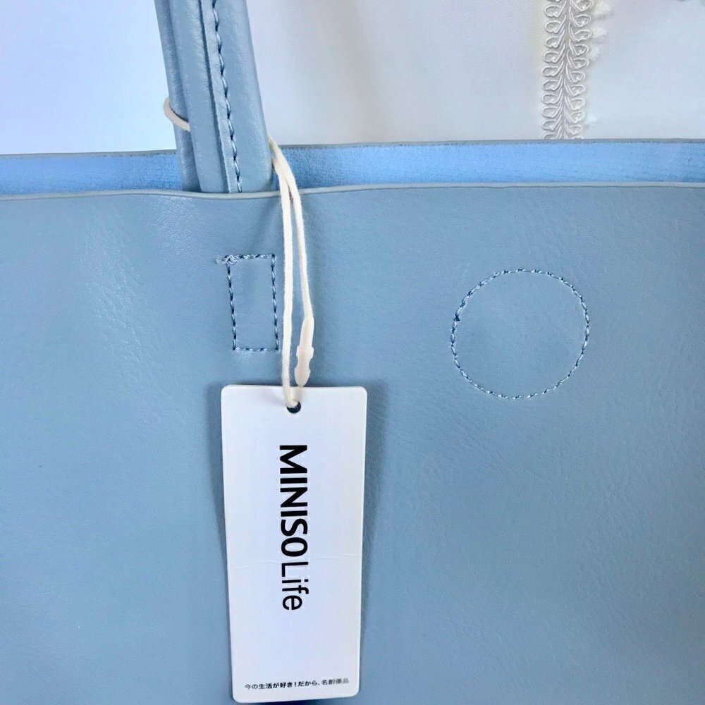 MINISO Shoulder Bag Blue Tote/Pink Portfolio Organizer Vegan Leather, Pen - Picture 8 of 16